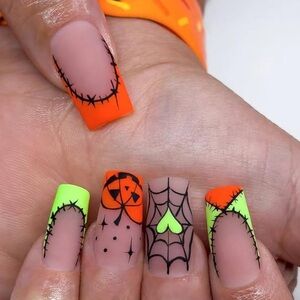 Halloween Press-On Nails - Neon Green, Orange, and Black